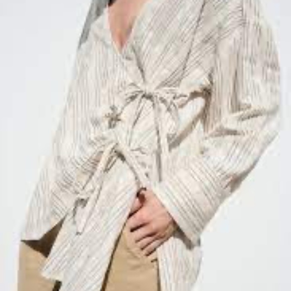 Zara Striped Rustic Shirt With Ties. Size L NWT - Picture 5 of 5